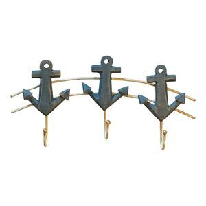 Ship Anchors Triple Single Wall Hooks Wood Painted Blue 11 Inches
